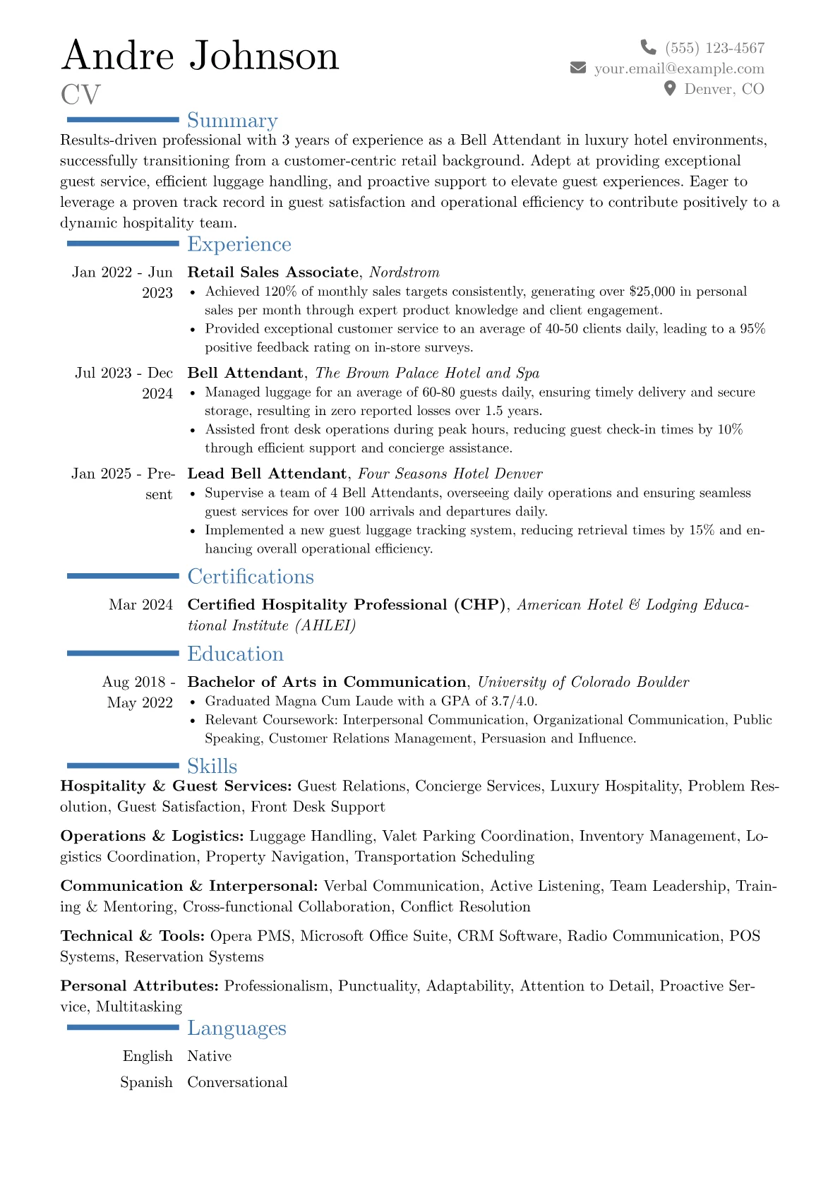 Bell Attendant resume example, Career changer, page 1