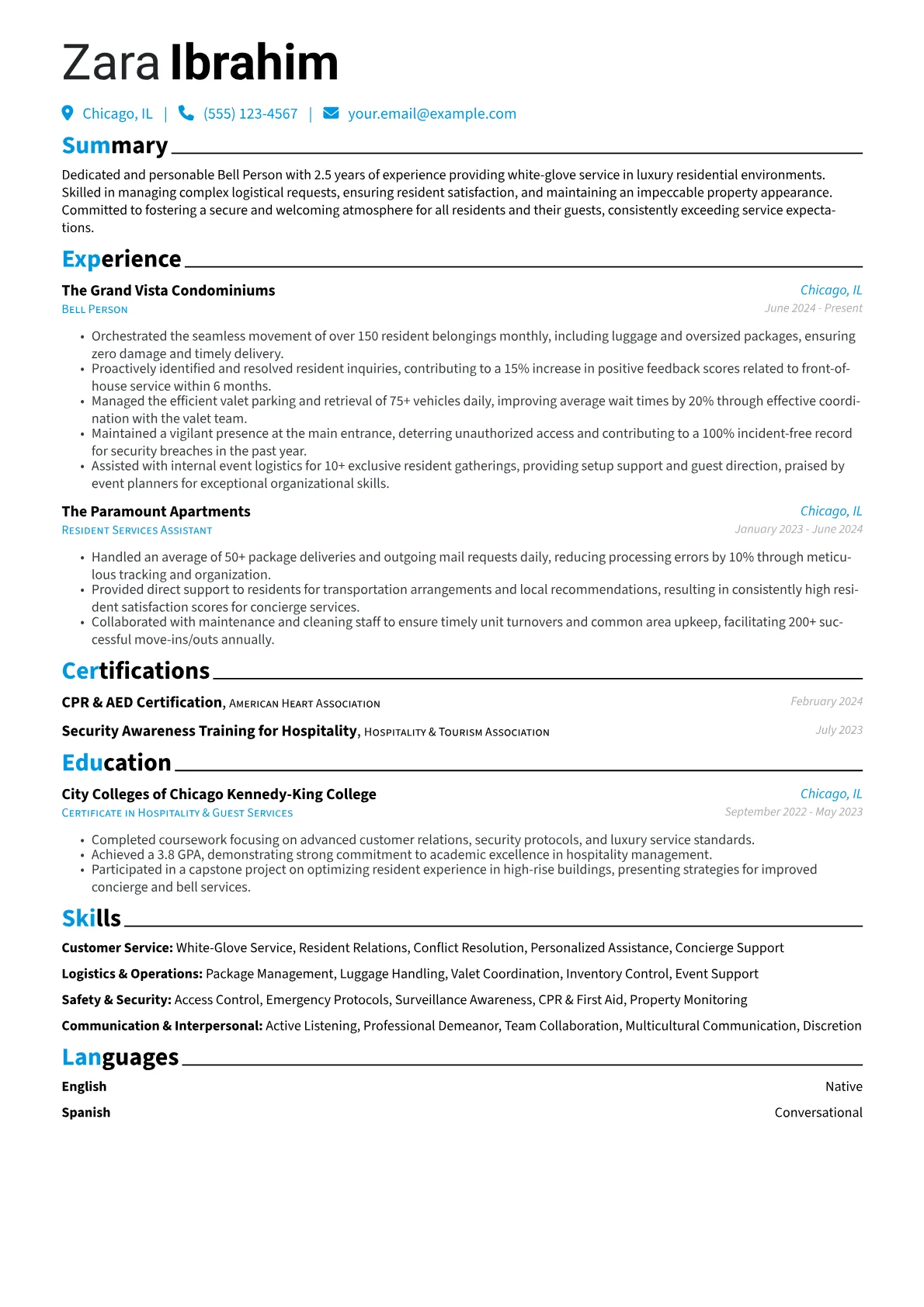 Bell Person resume example, Luxury Residential Bell, page 1