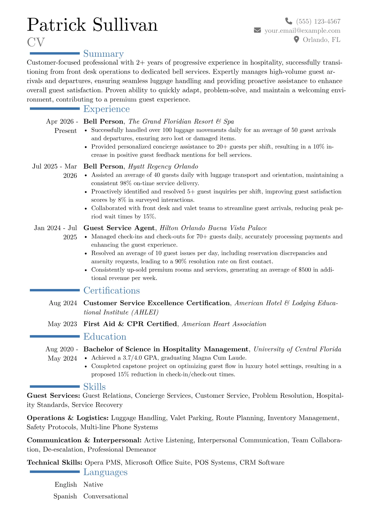 Bell Person resume example, Career changer, page 1