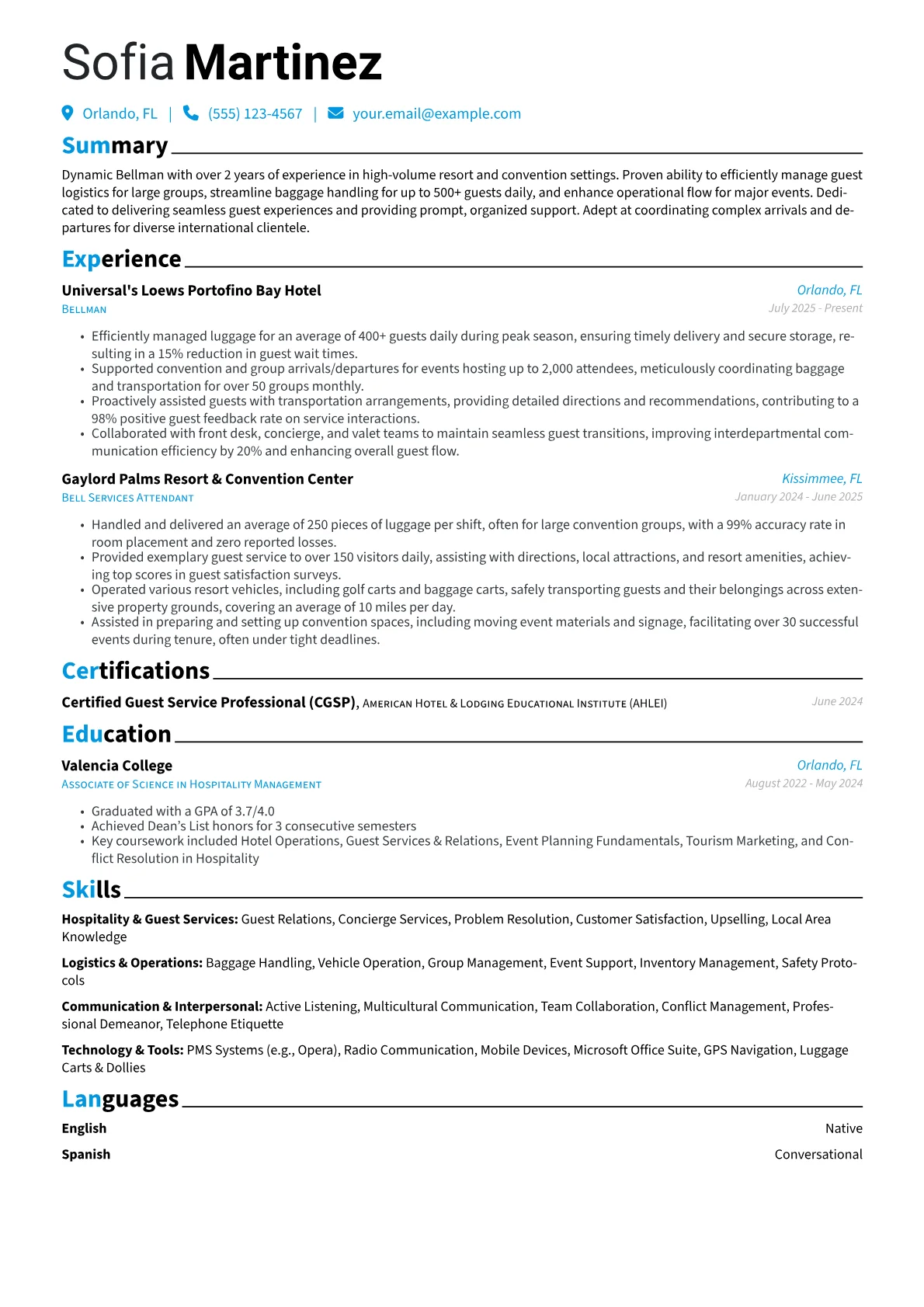 Bellman resume example, Bellman, page 1