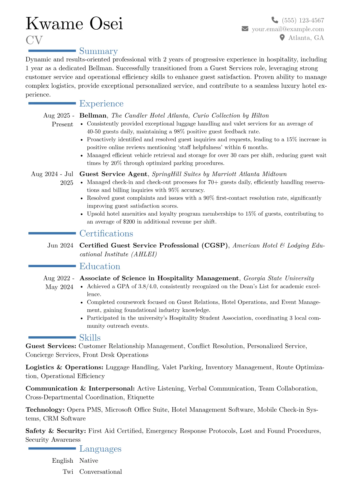Bellman resume example, Career changer, page 1