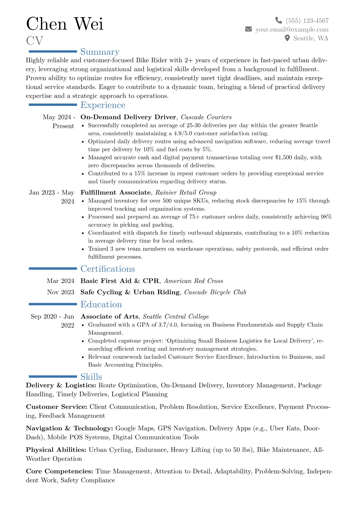 Bike Rider resume example, Career changer, page 1