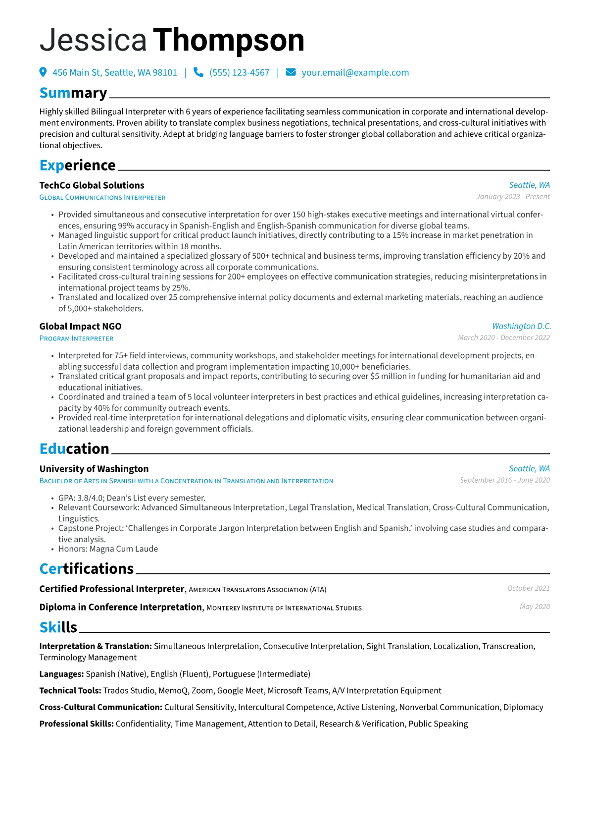 Bilingual Interpreter resume example, Corporate & NGO, page 1