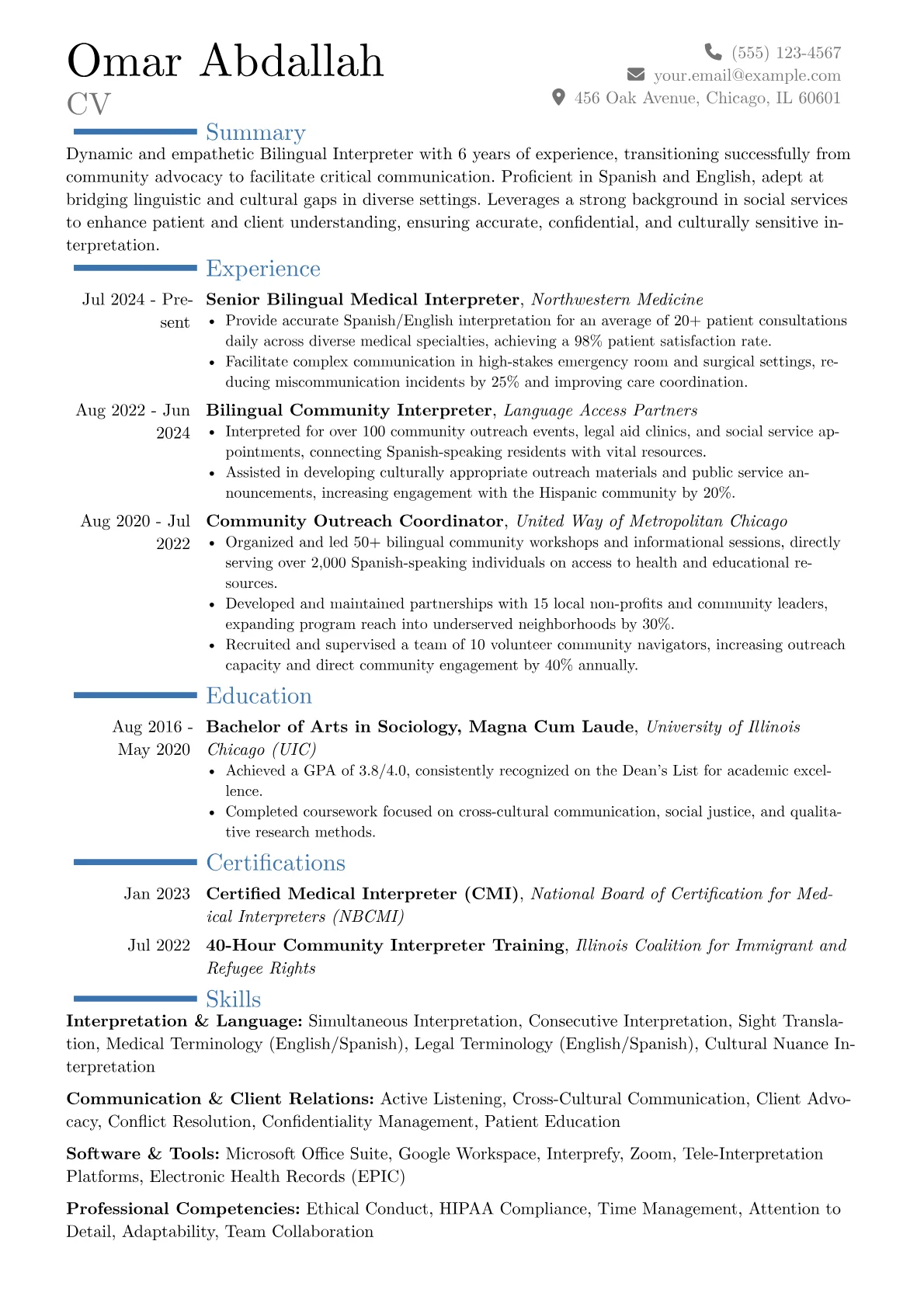 Bilingual Interpreter resume example, Career changer, page 1
