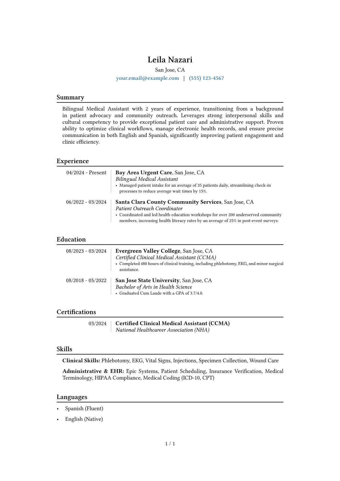 Bilingual Medical Assistant resume example, Career changer, page 1