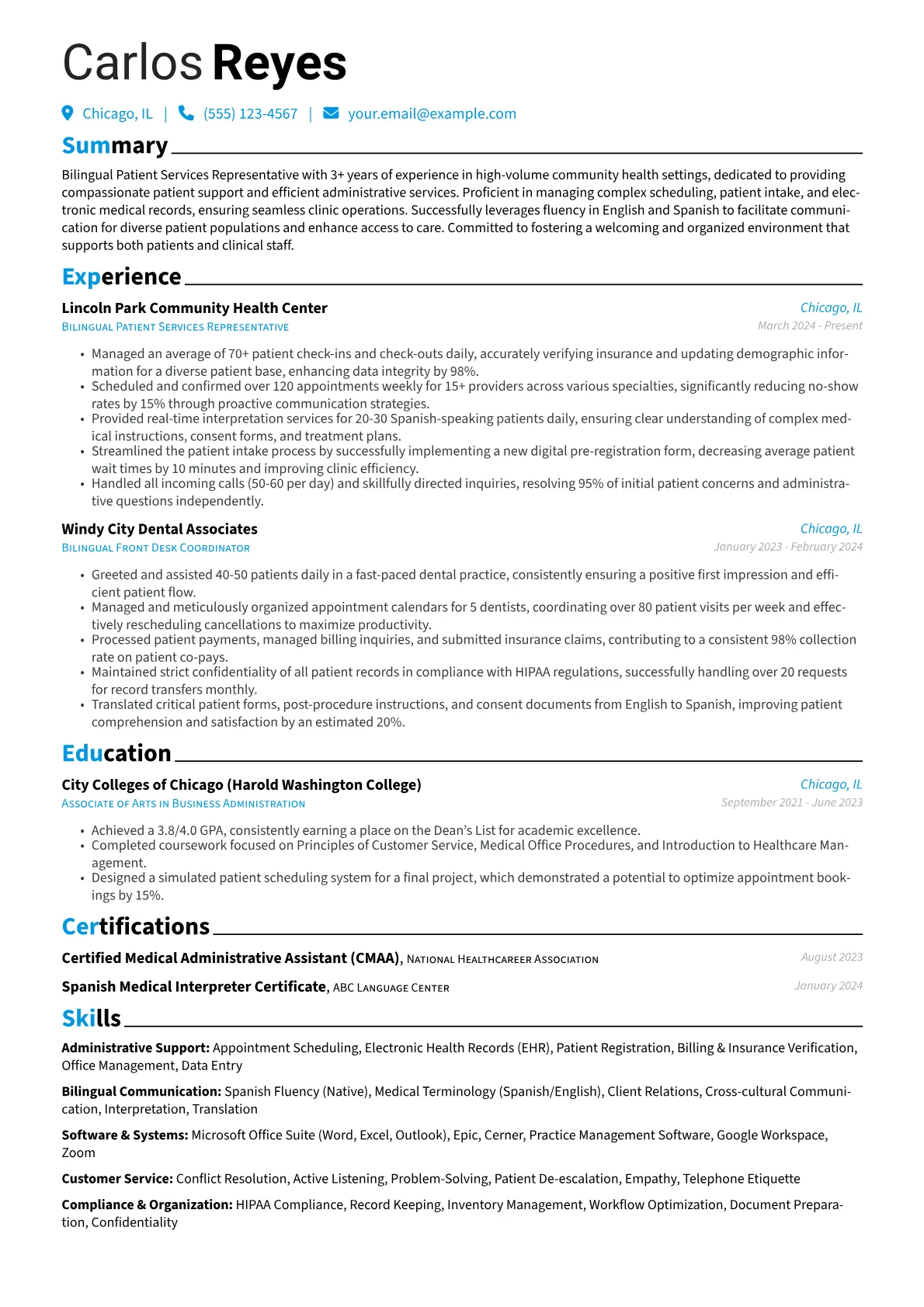 Bilingual Receptionist resume example, Bilingual Community Health, page 1