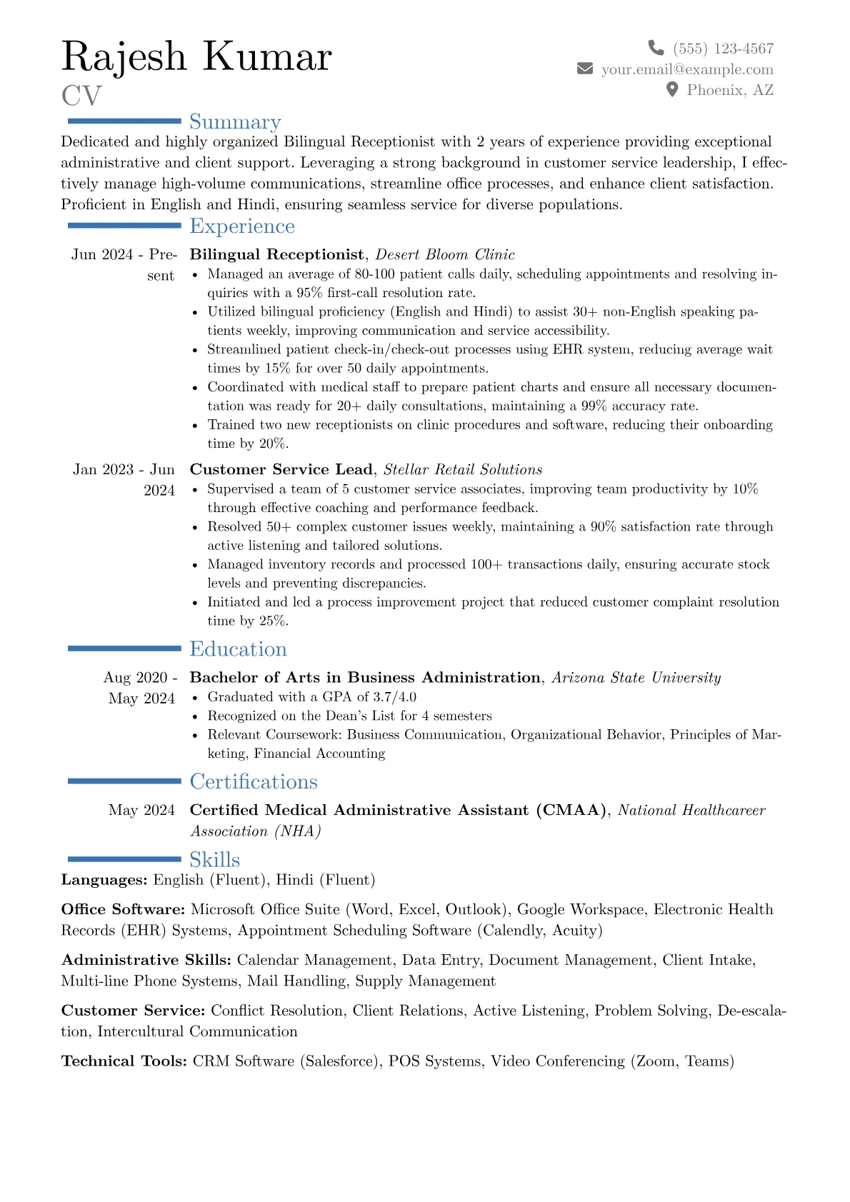 Bilingual Receptionist resume example, Career changer, page 1
