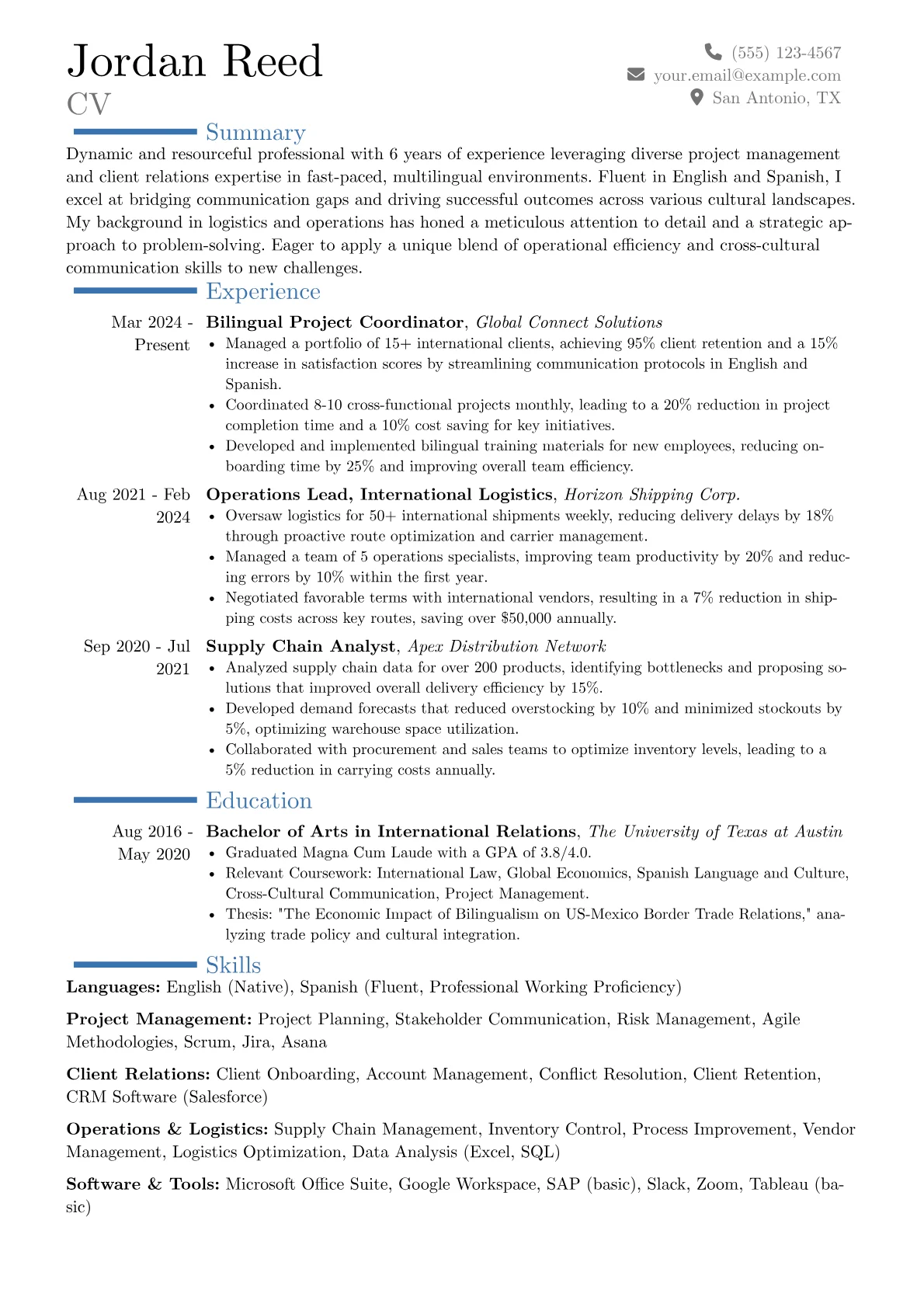 Bilingual resume example, Career changer, page 1