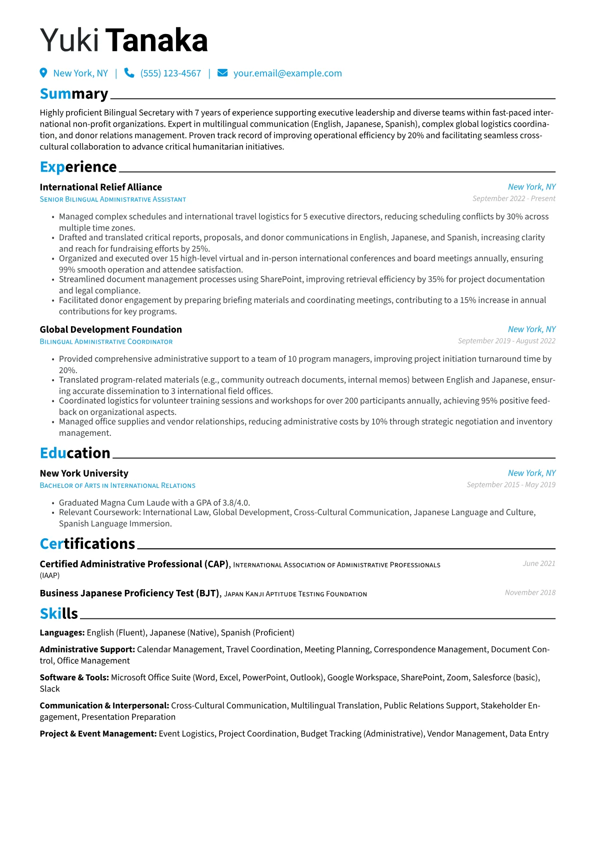 Bilingual Secretary resume example, Bilingual Secretary, page 1