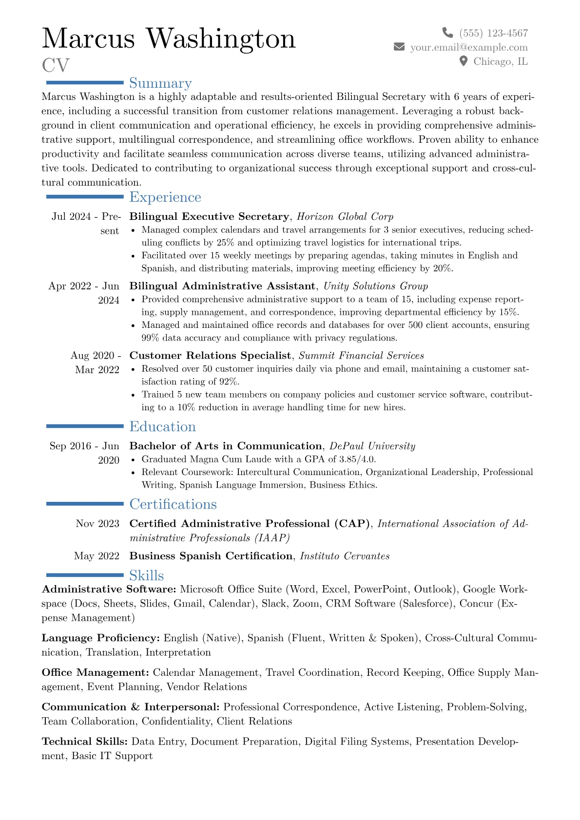 Bilingual Secretary resume example, Career changer, page 1