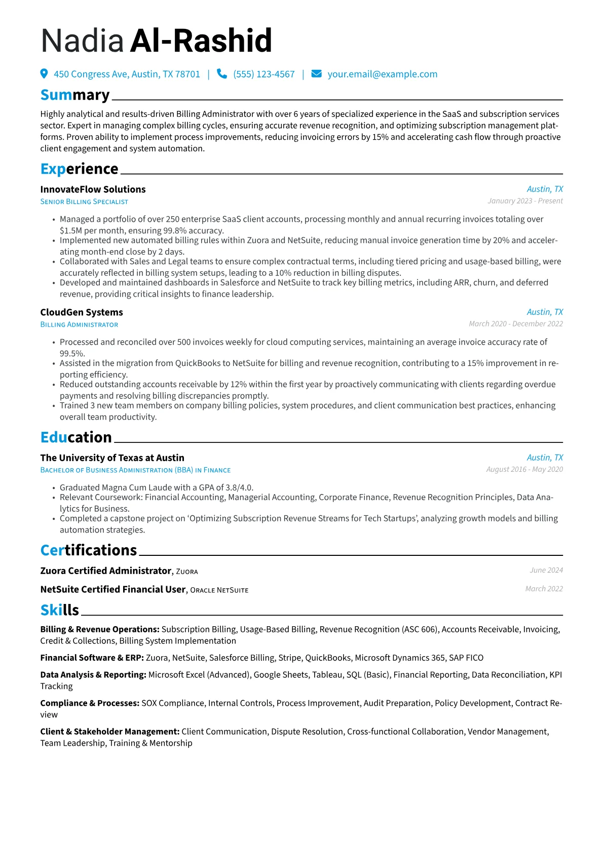 Billing Administrator resume example, SaaS & Subscription, page 1