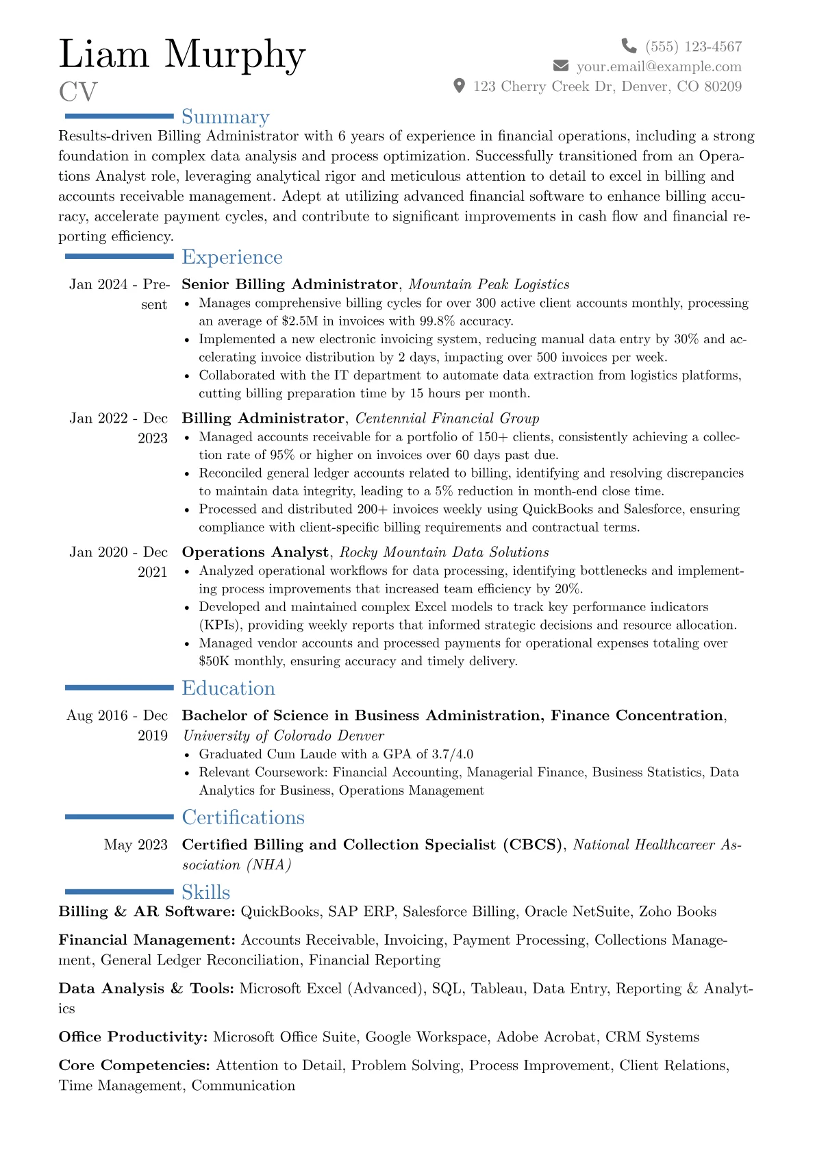 Billing Administrator resume example, Career changer, page 1