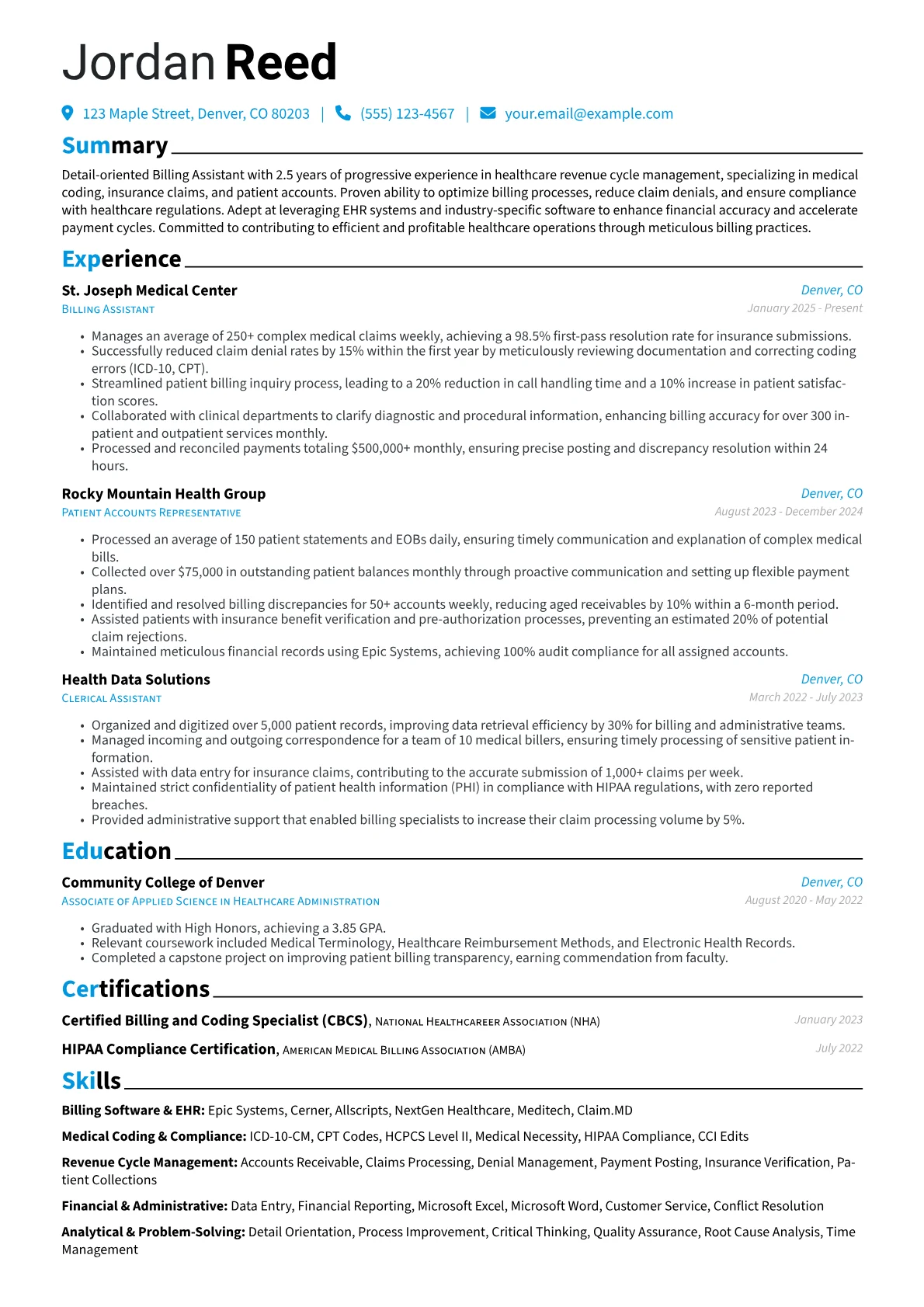 Billing Assistant resume example, Healthcare Billing, page 1