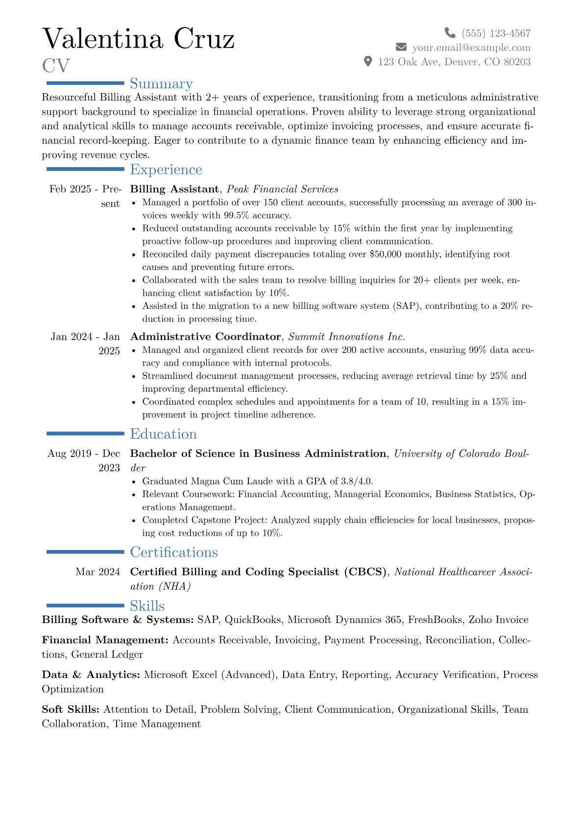 Billing Assistant resume example, Career changer, page 1