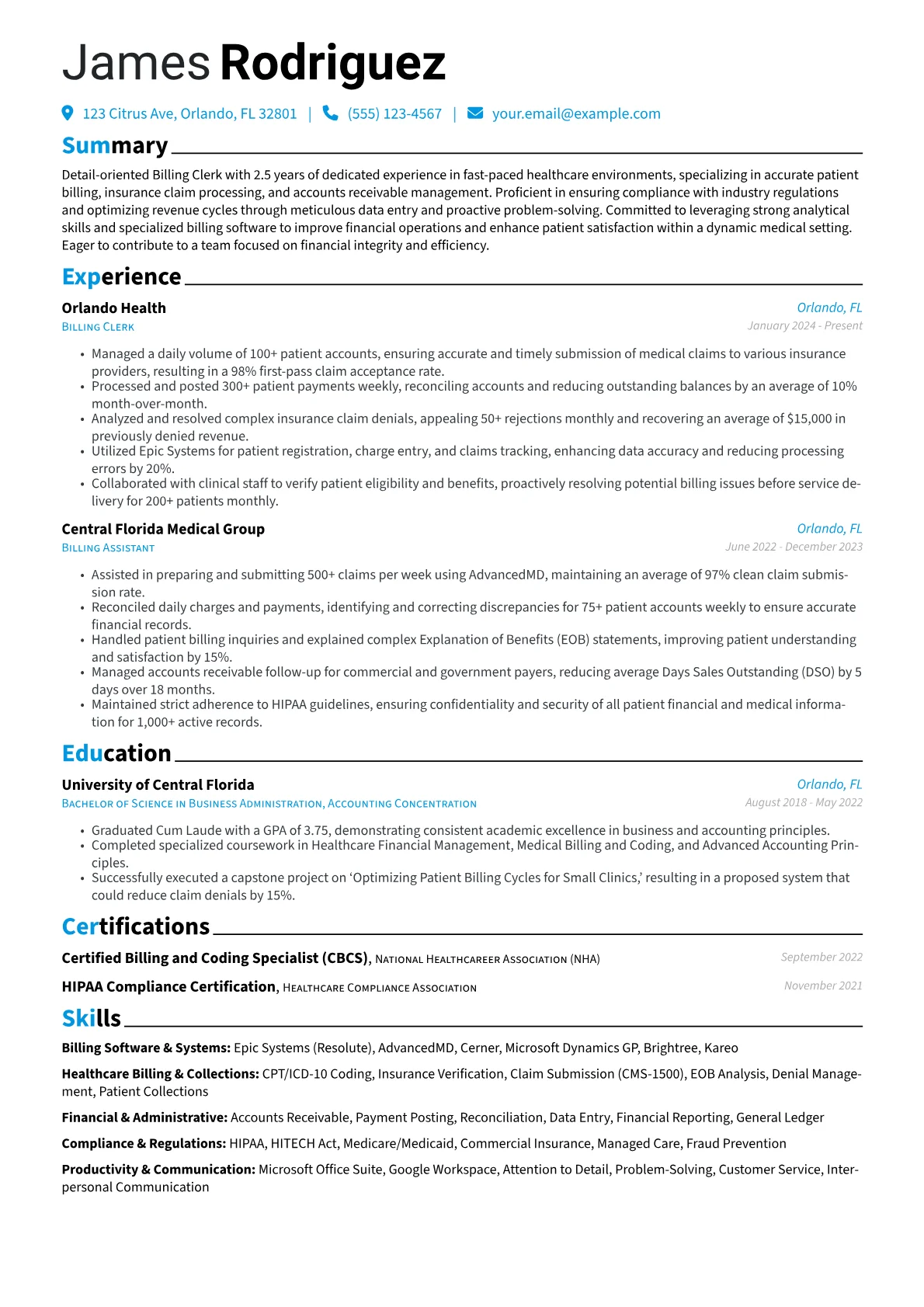 Billing Clerk resume example, Healthcare Billing, page 1