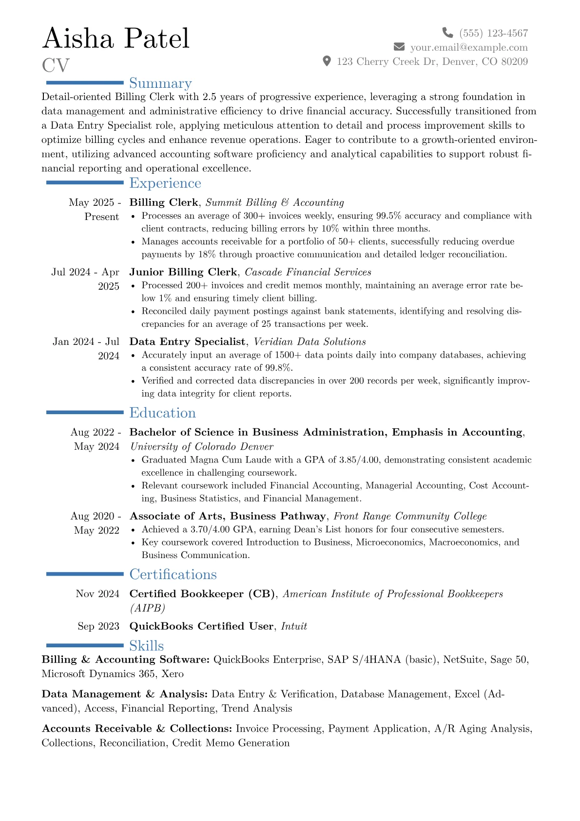 Billing Clerk resume example, Career changer, page 1