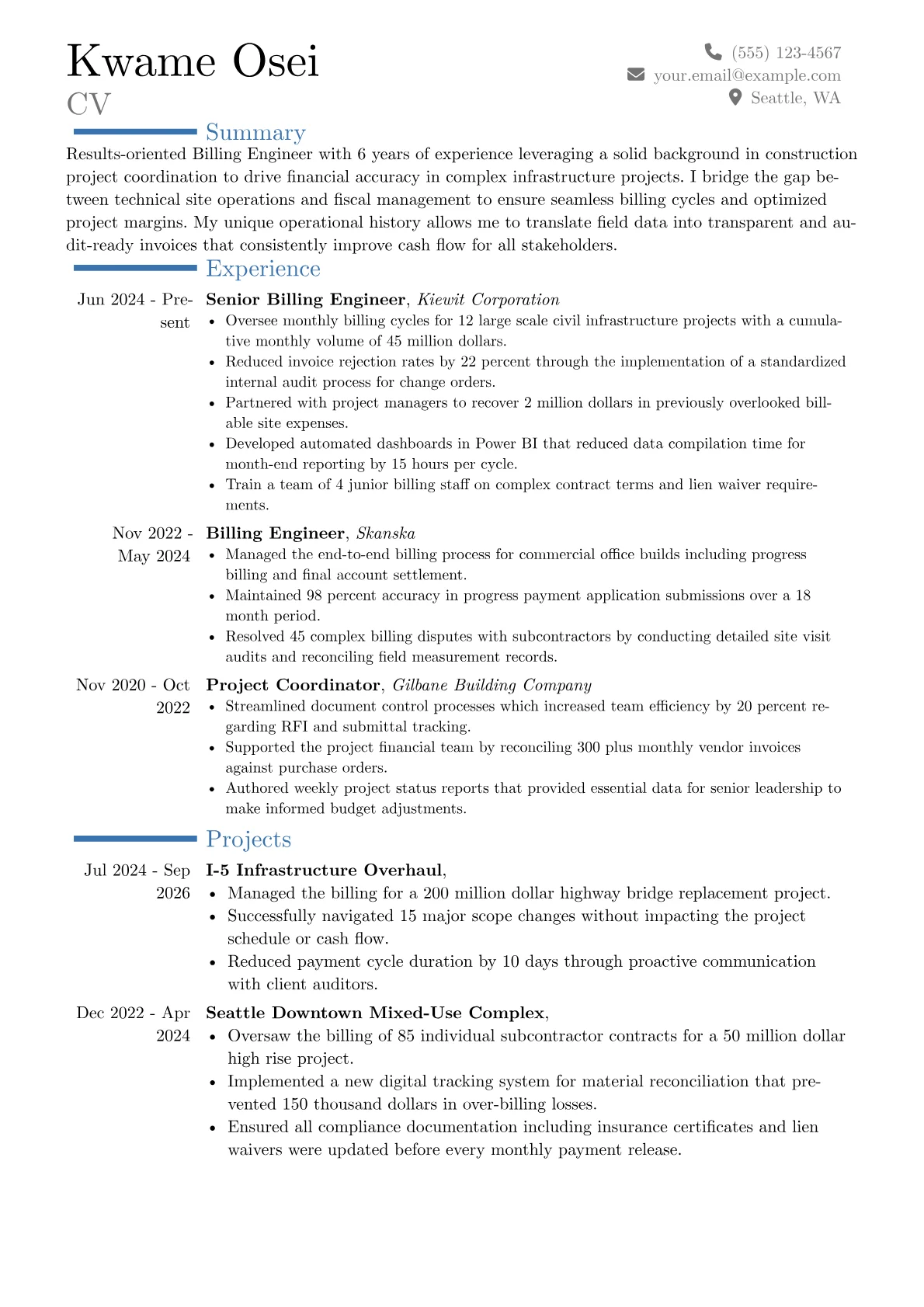 Billing Engineer resume example, Career changer, page 1