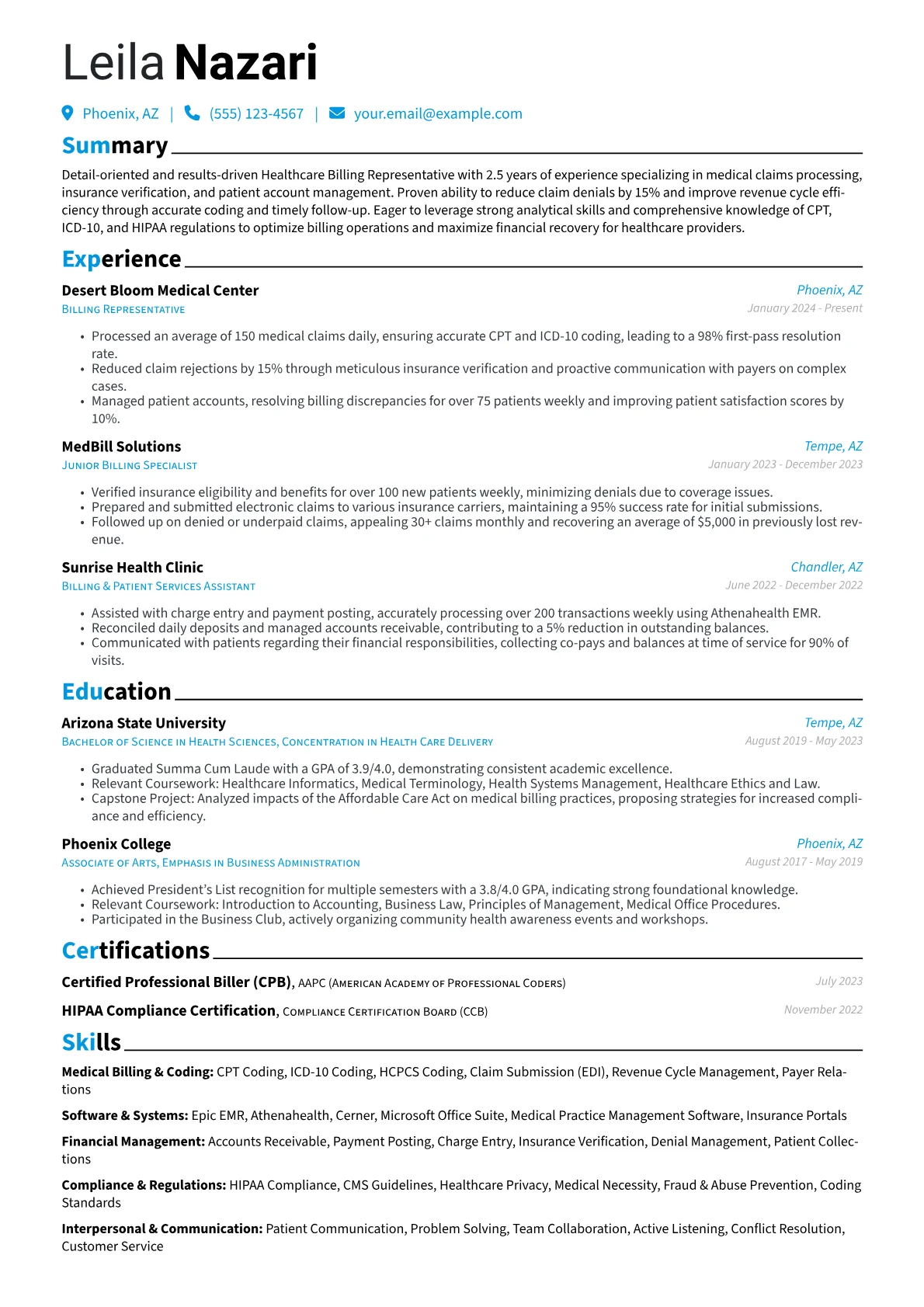 Billing Representative resume example, Healthcare Billing, page 1