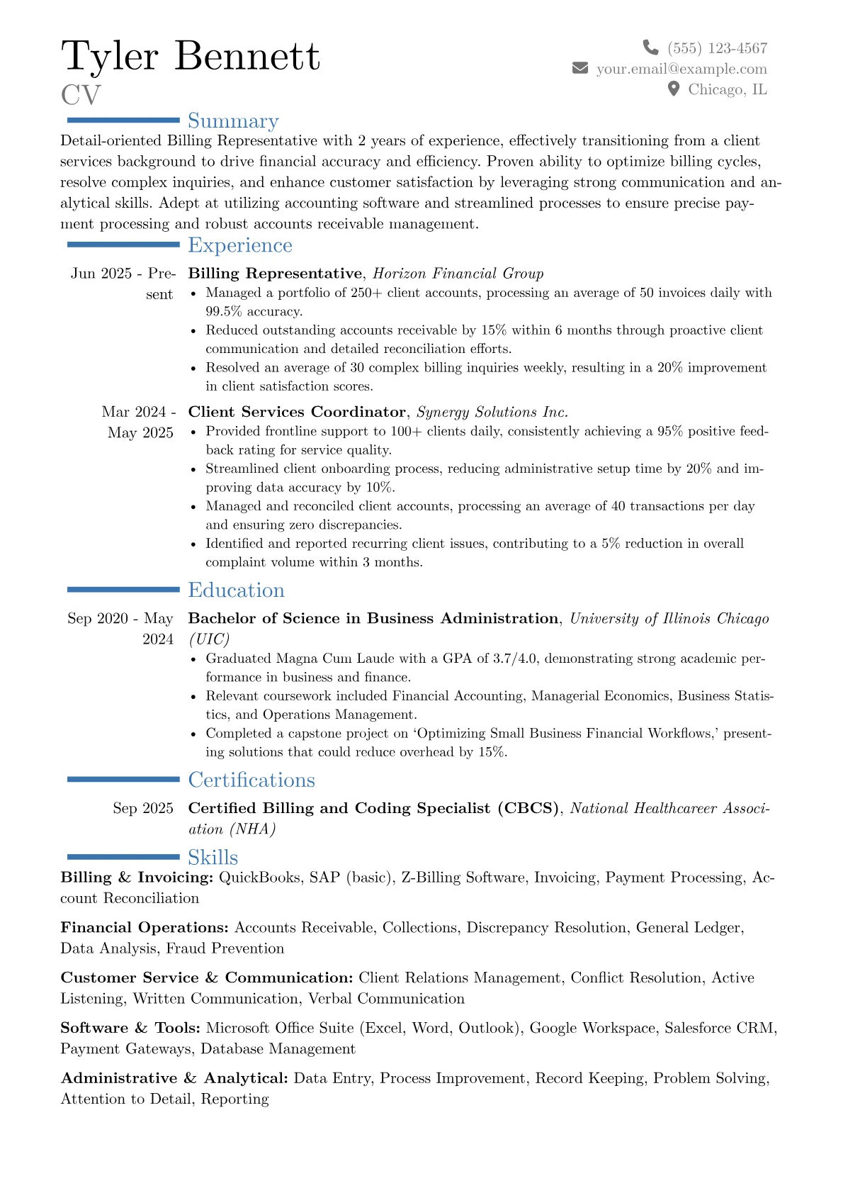 Billing Representative resume example, Career changer, page 1