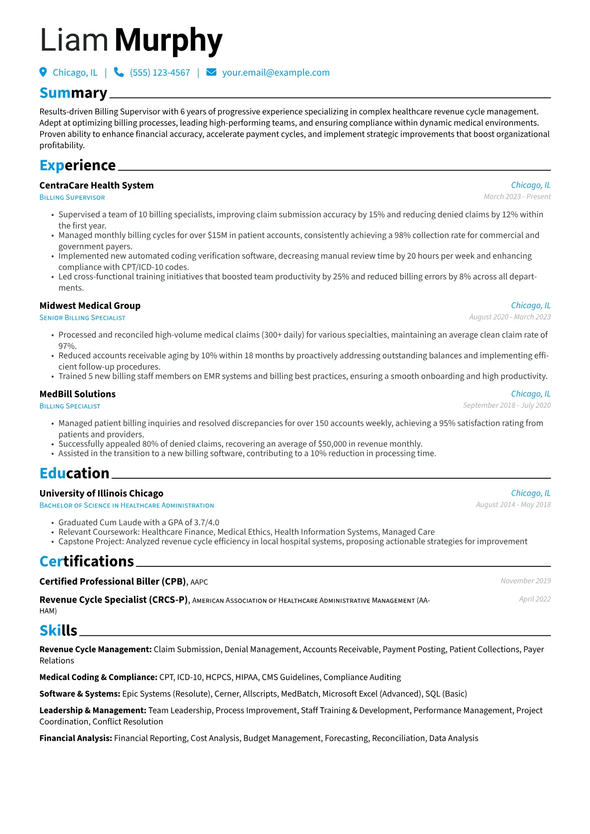 Billing Supervisor resume example, Healthcare Billing, page 1
