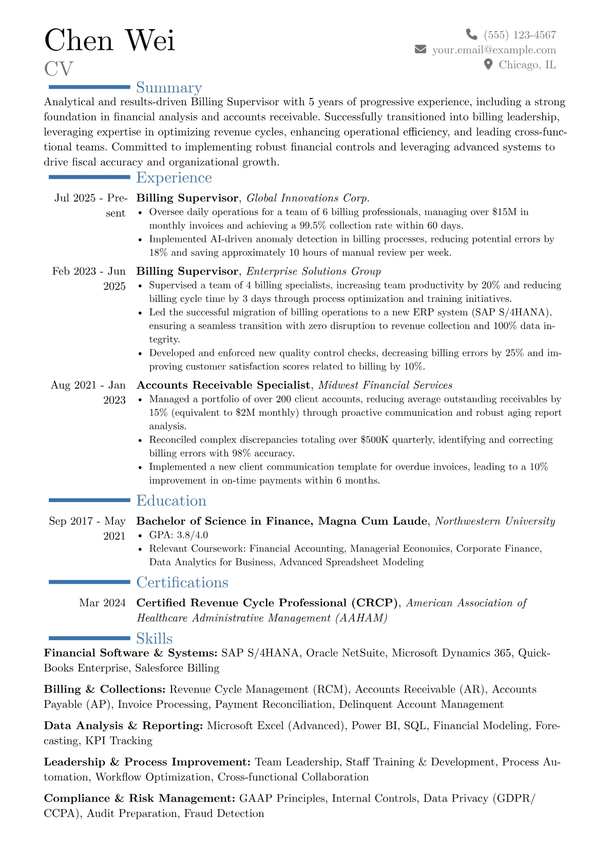 Billing Supervisor resume example, Career changer, page 1