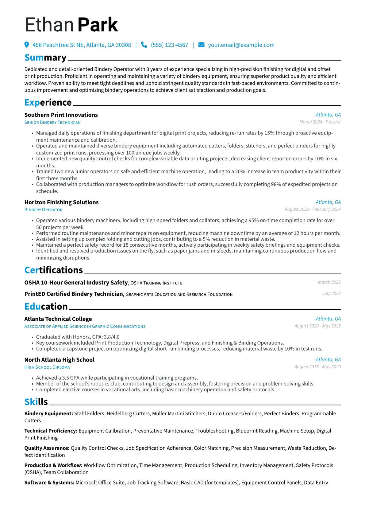 Bindery Operator resume example, Bindery Operator - Digital, page 1