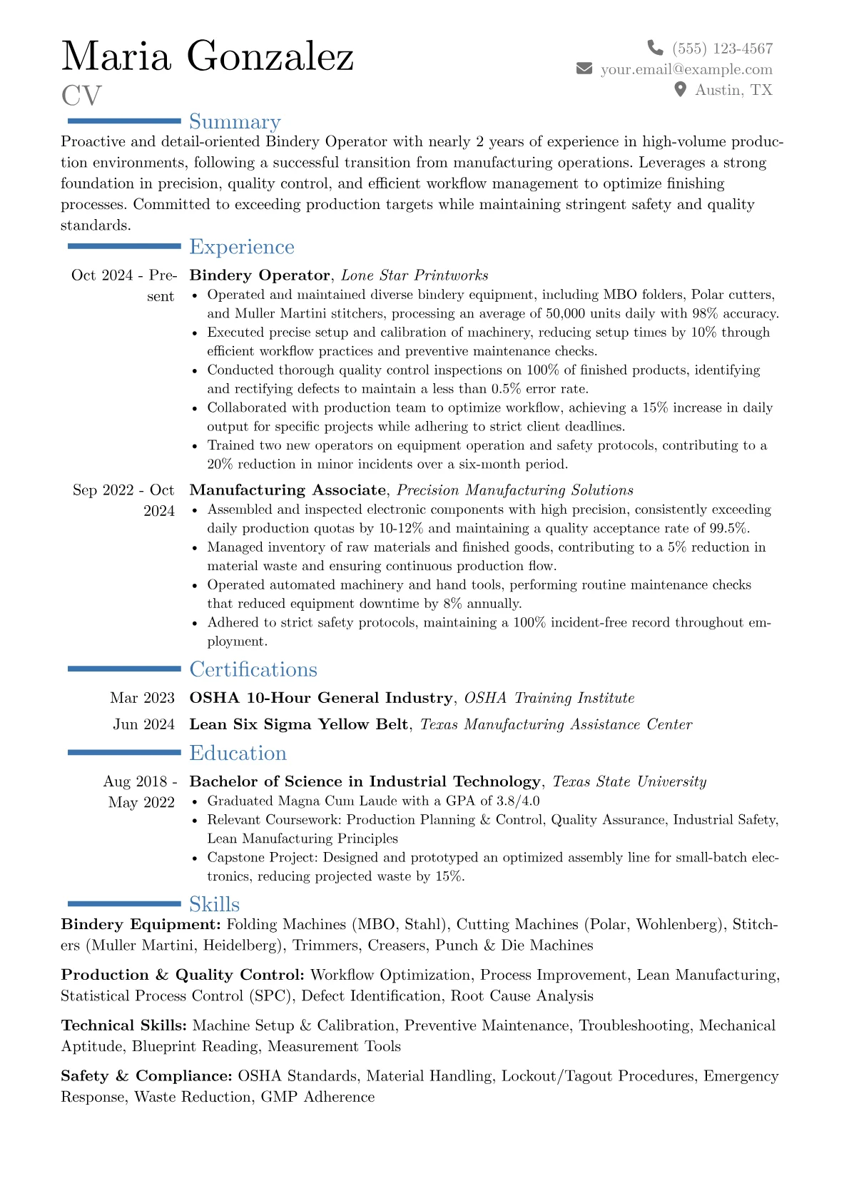 Bindery Operator resume example, Career changer, page 1