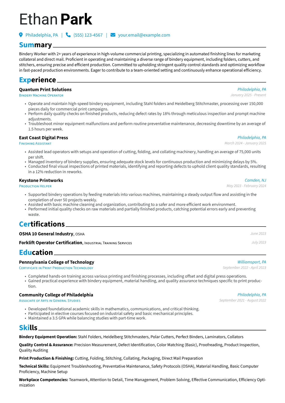 Bindery Worker resume example, Bindery Worker, page 1