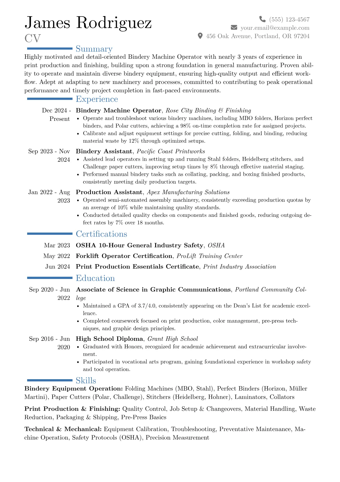 Bindery Worker resume example, Career changer, page 1