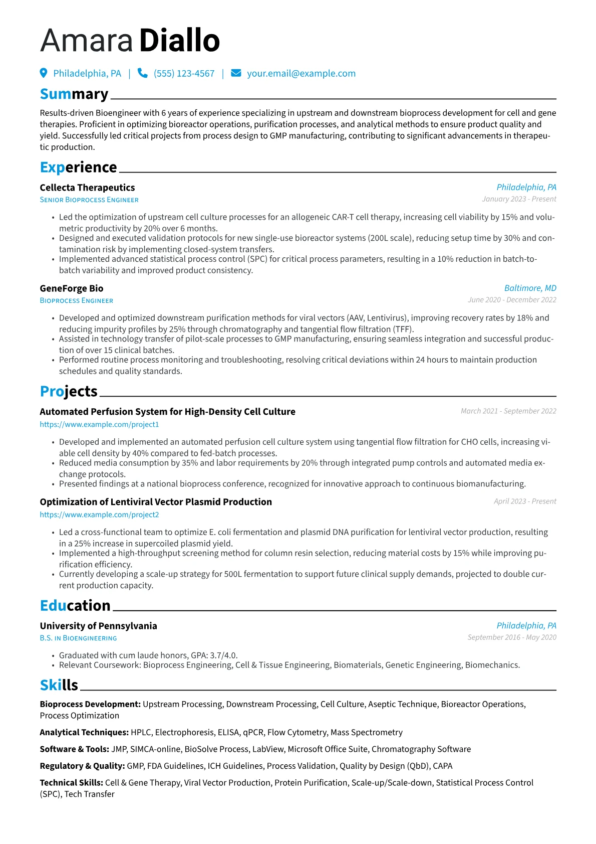 Bioengineer resume example, Mid-Level Bioengineer, page 1