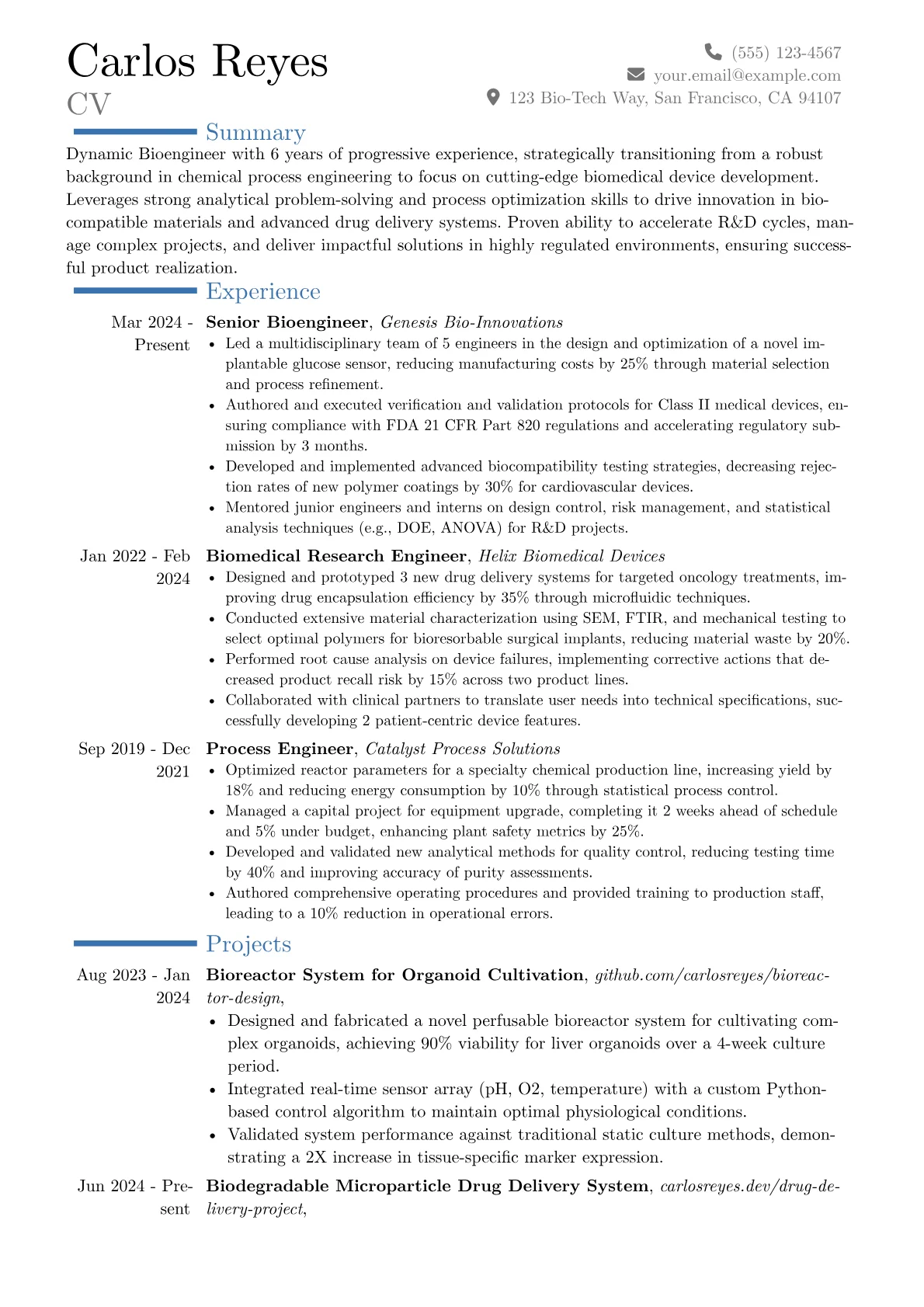 Bioengineer resume example, Career changer, page 1