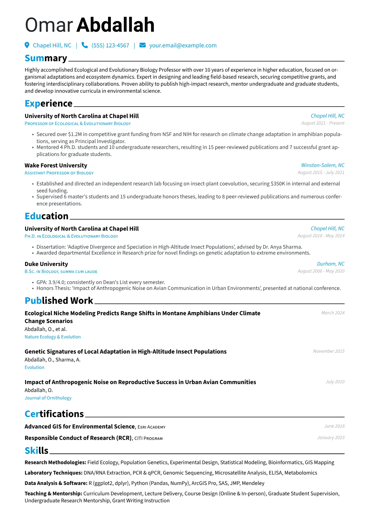 Biology Professor resume example, Ecological & Evolutionary, page 1
