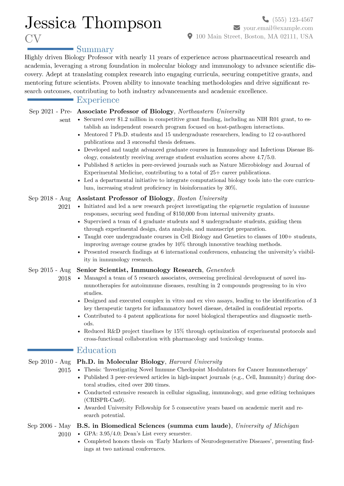 Biology Professor resume example, Career changer, page 1