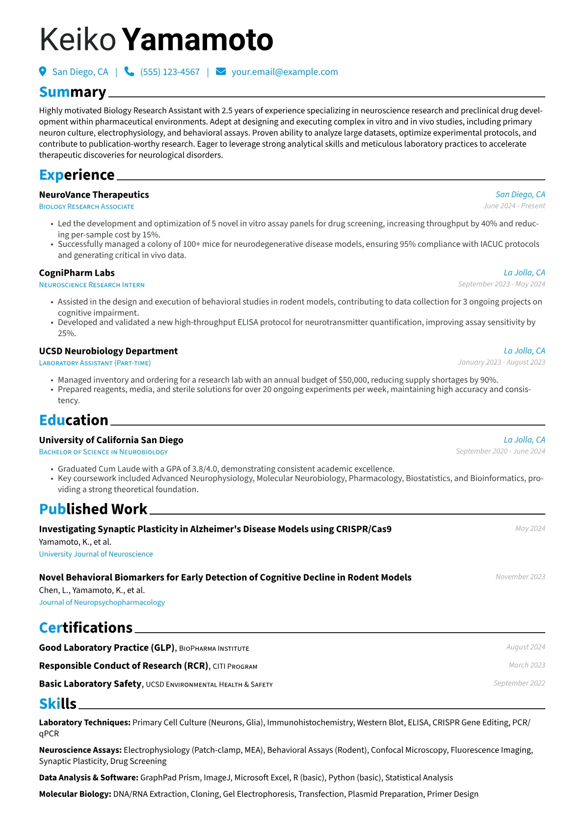 Biology Research Assistant resume example, Neuroscience & Drug, page 1