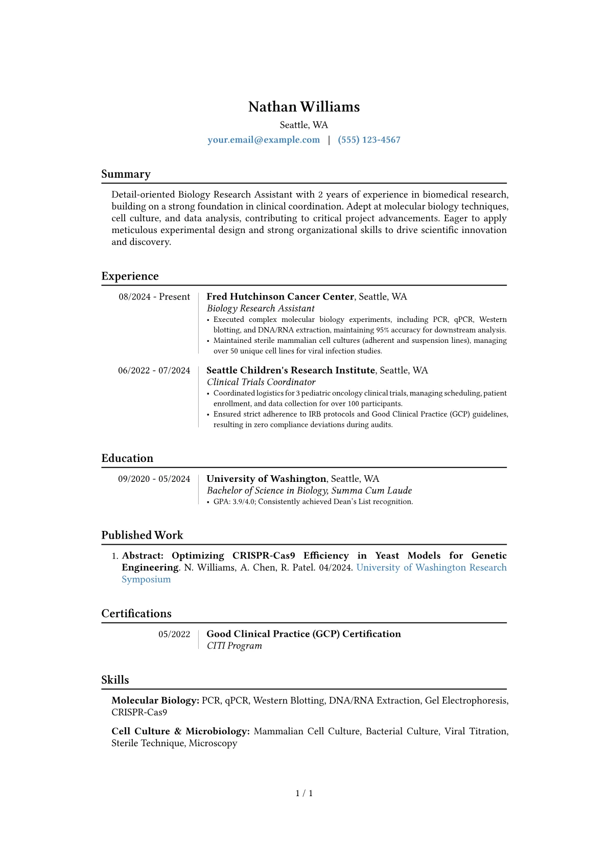 Biology Research Assistant resume example, Career changer, page 1
