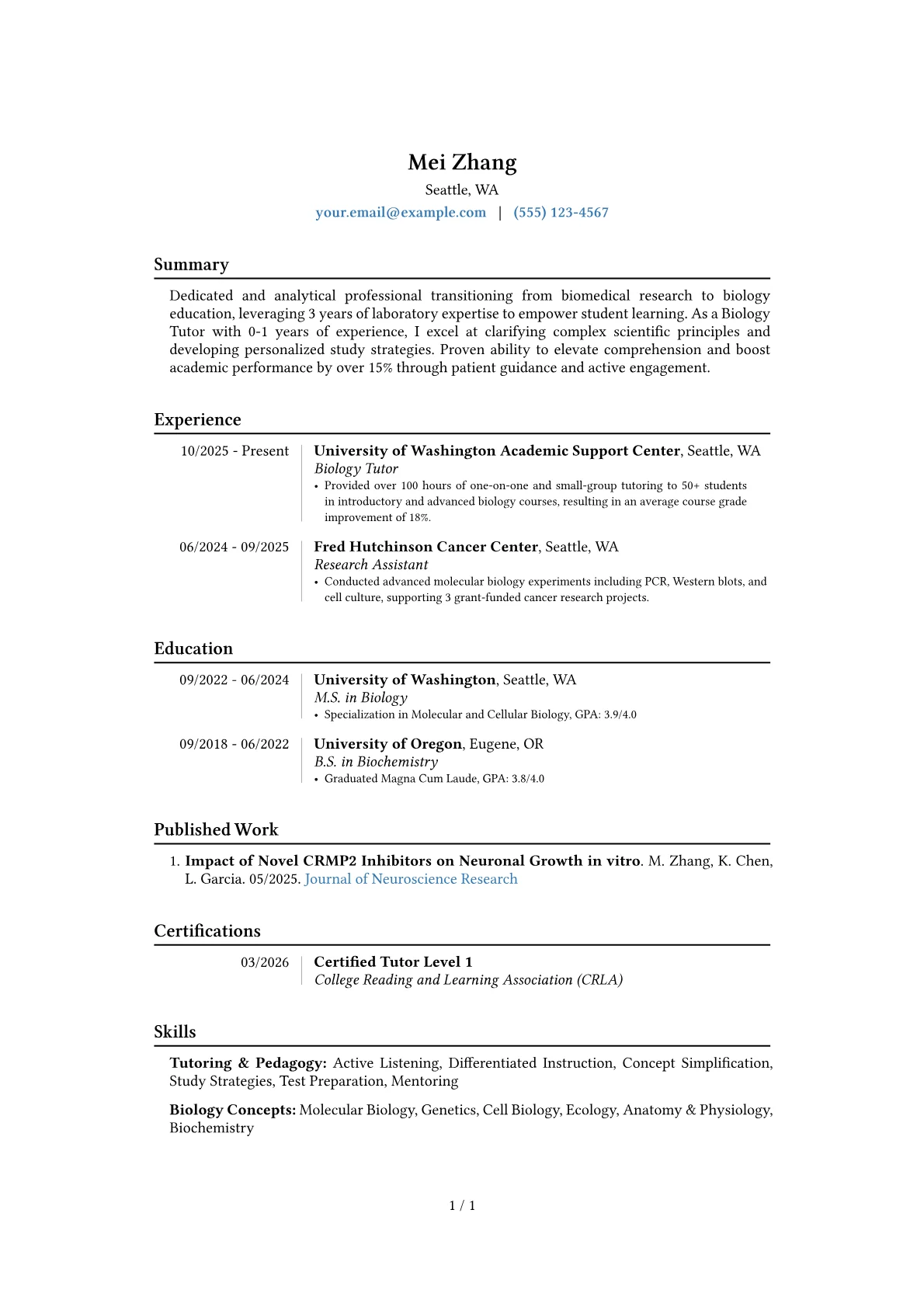 Biology Tutor resume example, Career changer, page 1