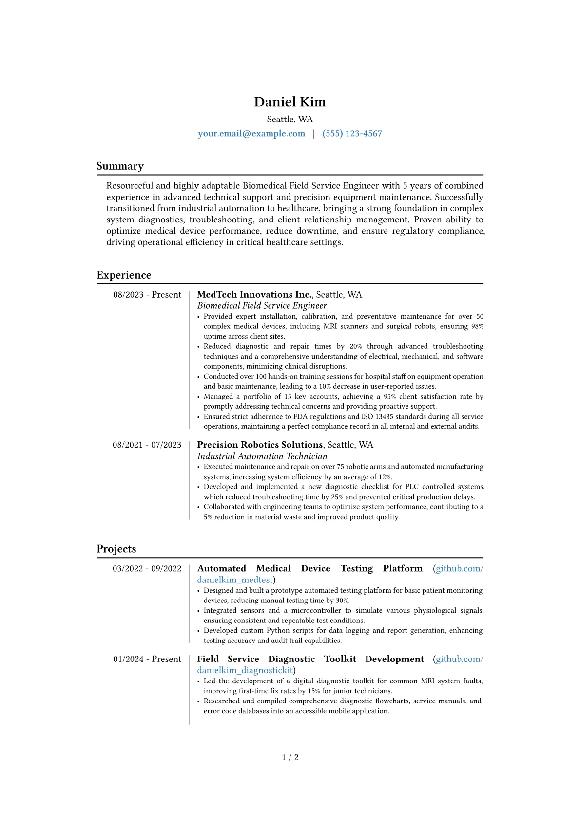 Biomedical Field Service Engineer resume example, Career changer, page 1