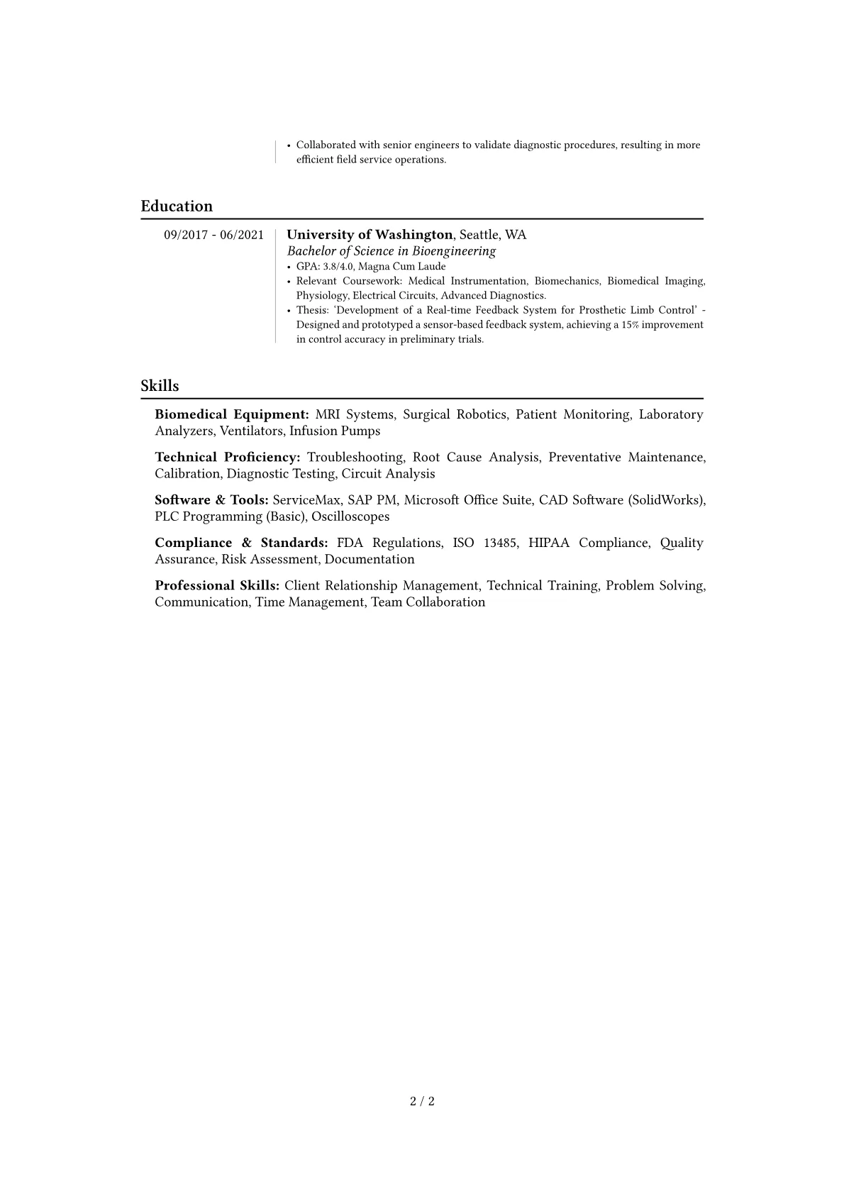Biomedical Field Service Engineer resume example, Career changer, page 2