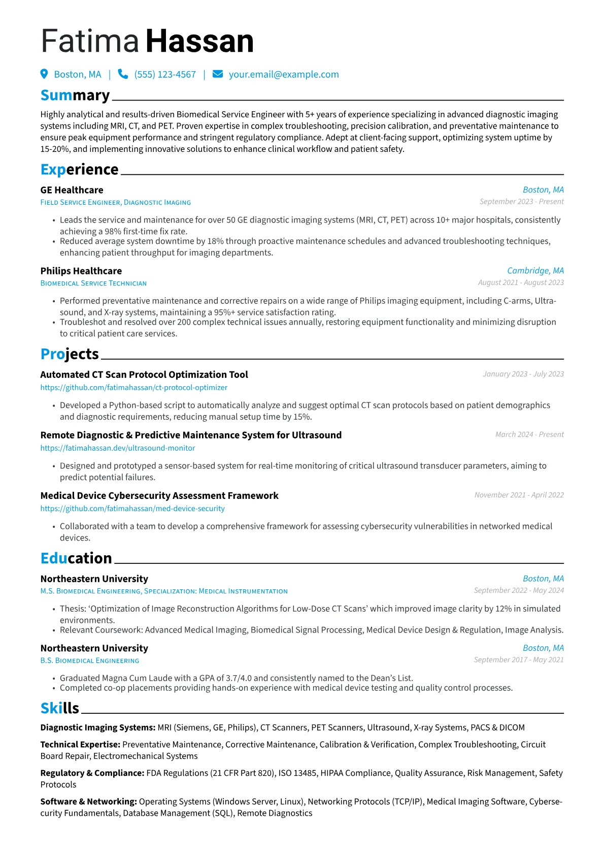 Biomedical Service Engineer resume example, Diagnostic Imaging Systems, page 1