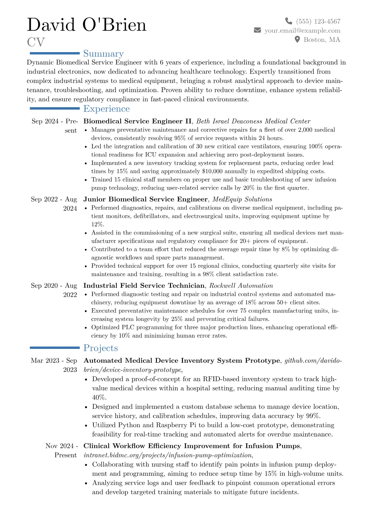 Biomedical Service Engineer resume example, Career changer, page 1