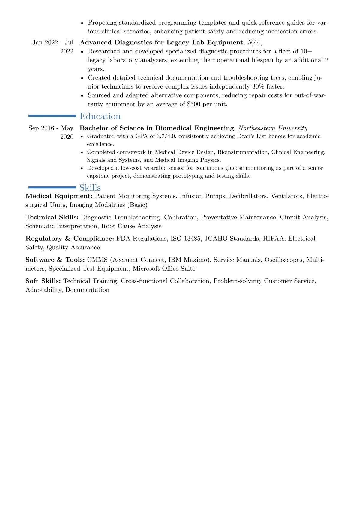 Biomedical Service Engineer resume example, Career changer, page 2