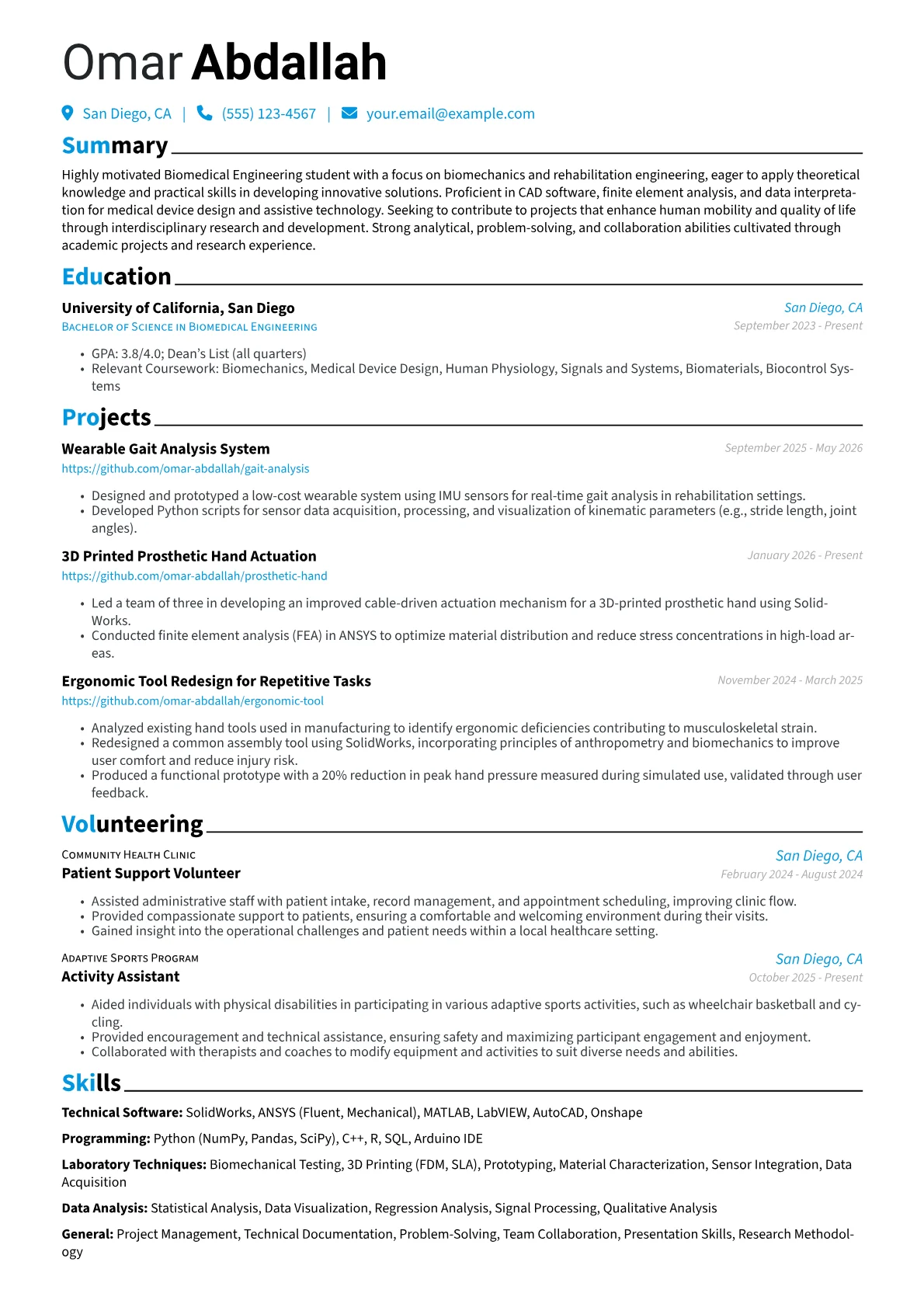 Biomedical Student resume example, Biomedical Student, page 1