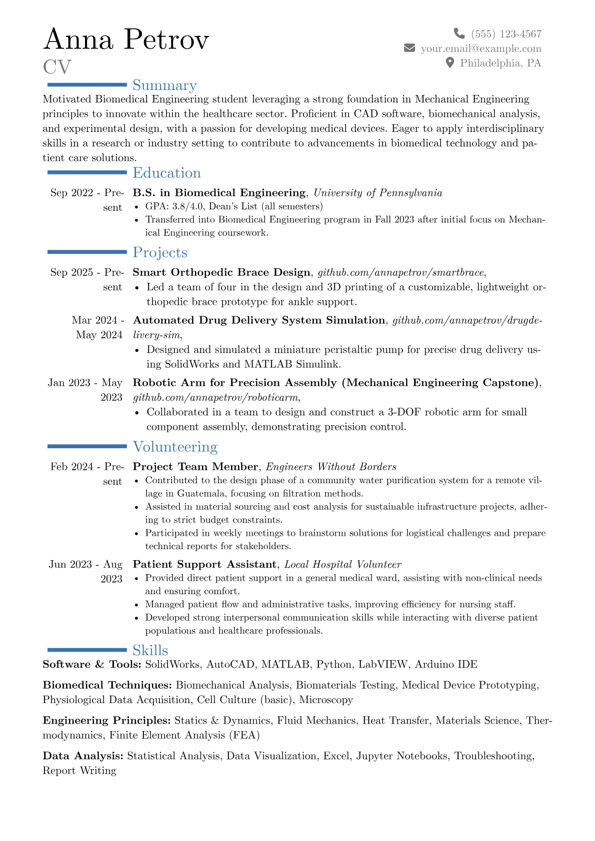 Biomedical Student resume example, Career changer, page 1