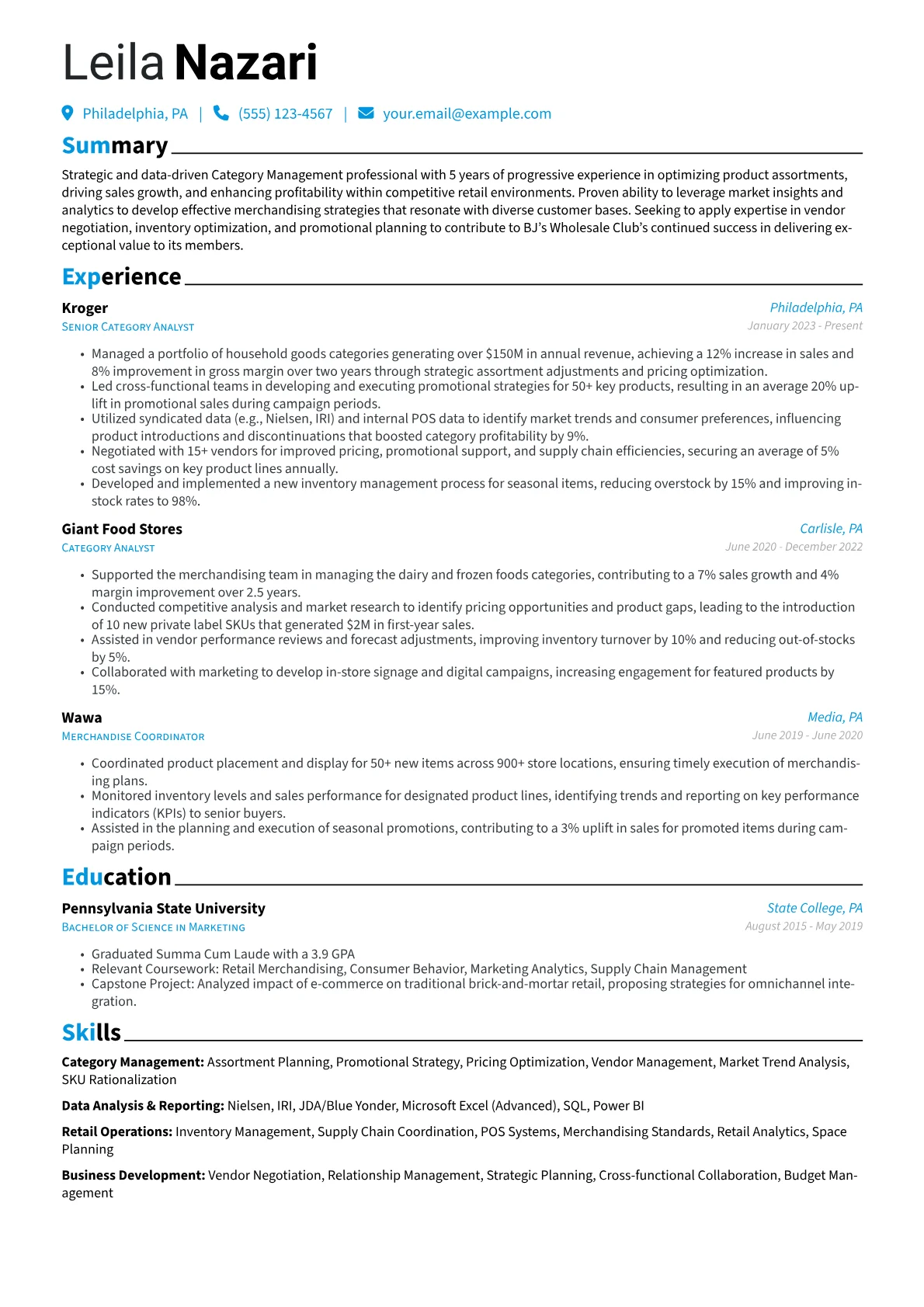 BJ's Wholesale Club resume example, Category Management, page 1