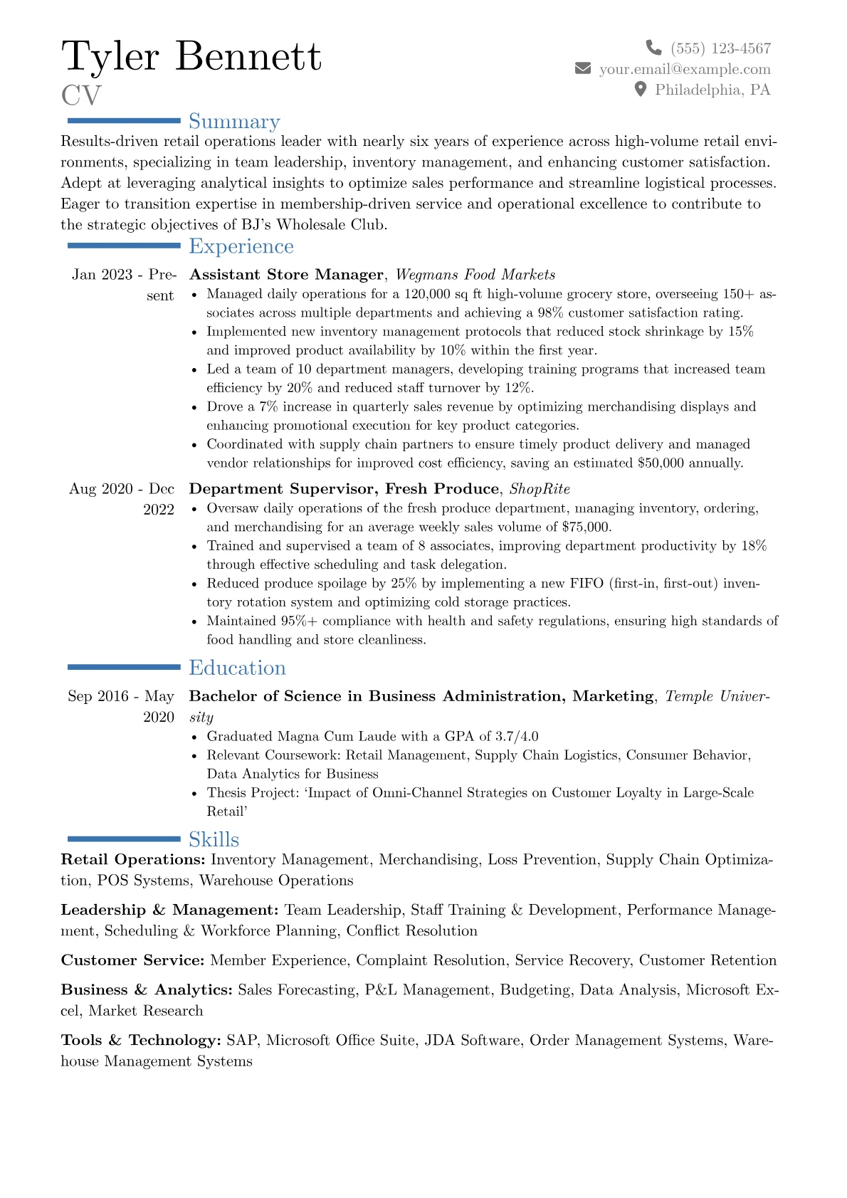 BJ's Wholesale Club resume example, Career changer, page 1