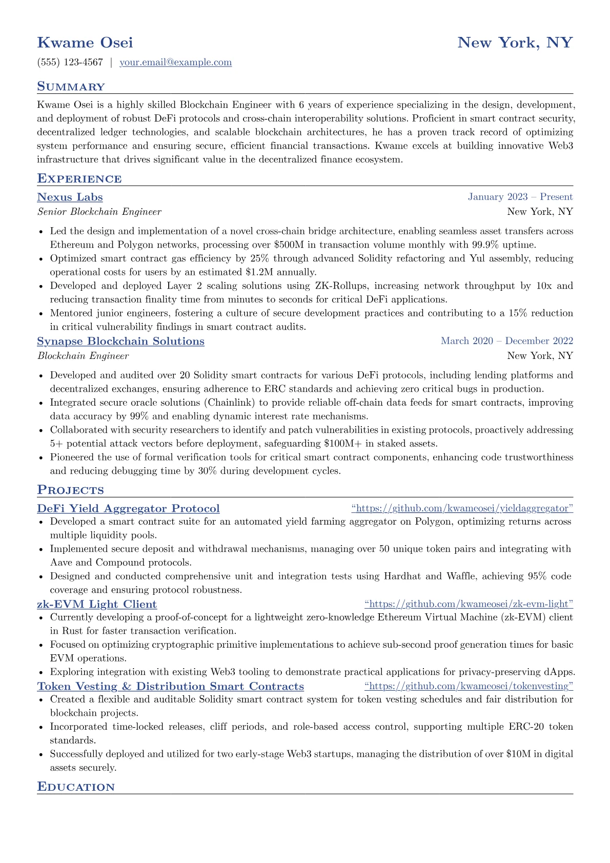 Blockchain Engineer resume example, DeFi & Cross-Chain, page 1