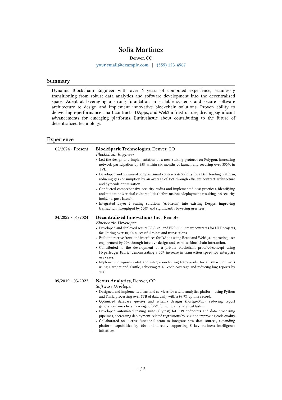 Blockchain Engineer resume example, Career changer, page 1