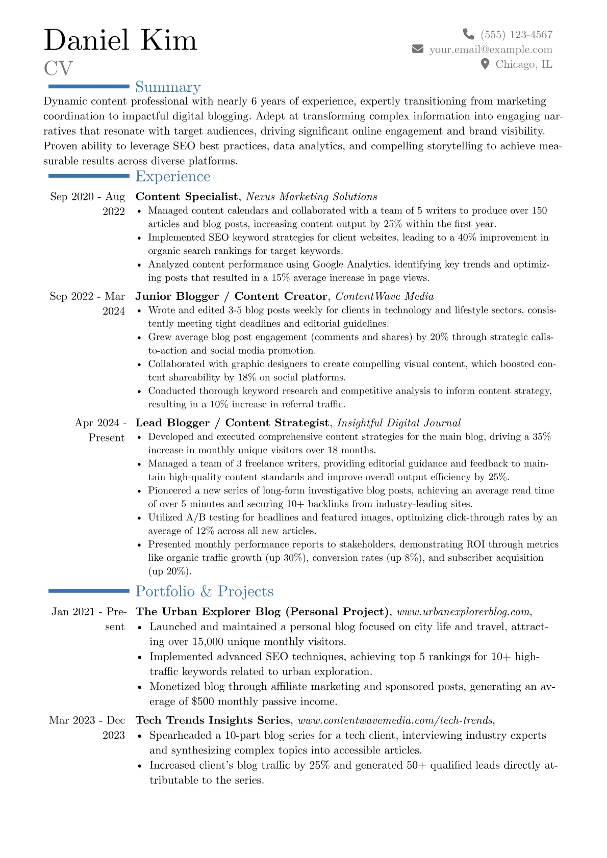 Blogger resume example, Career changer, page 1