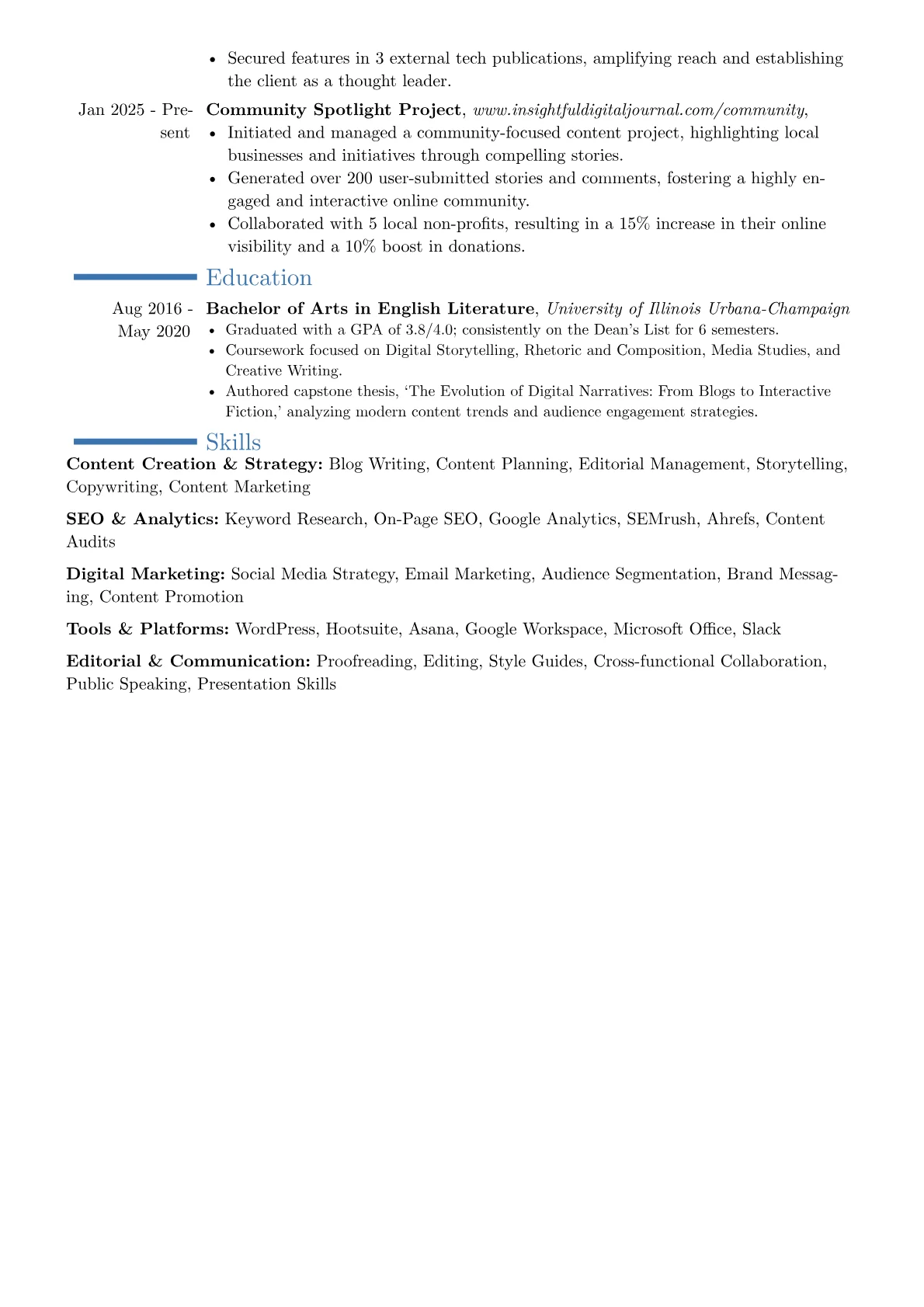 Blogger resume example, Career changer, page 2