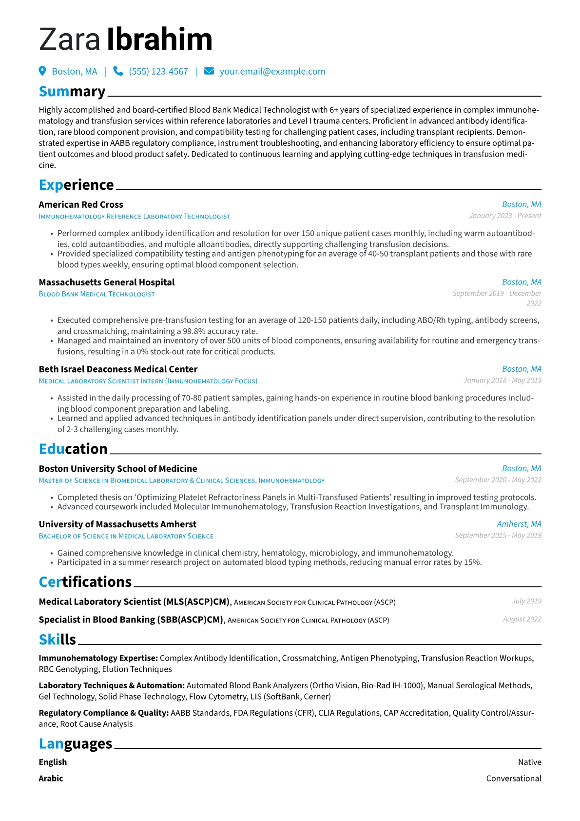 Blood Bank Medical Technologist resume example, Blood Bank MT, page 1